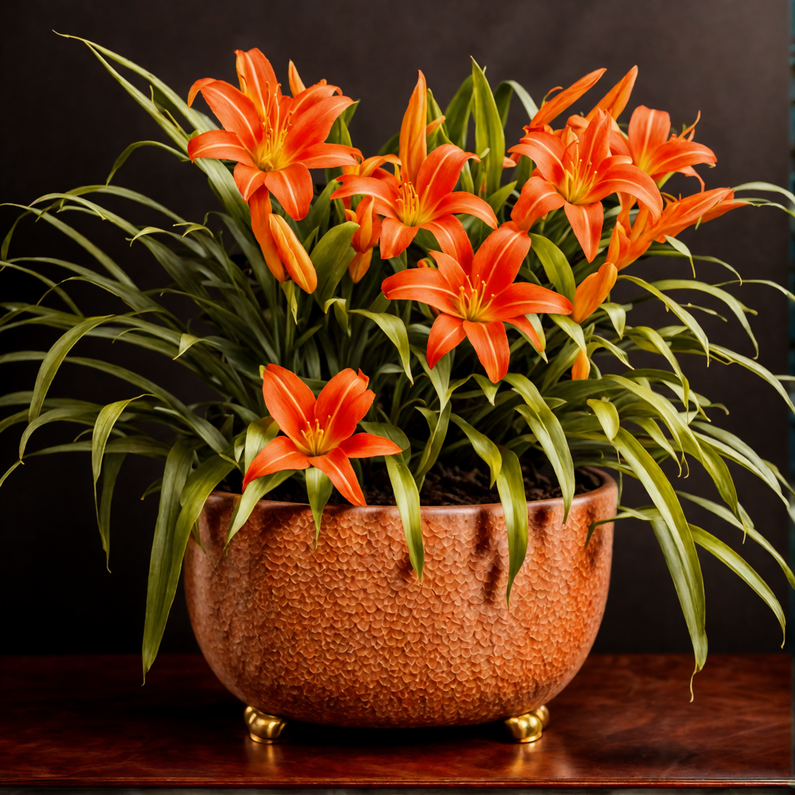 Hemerocallis fulva, or orange daylilies, in a brown vase on a wooden table, with clear, neutral lighting.