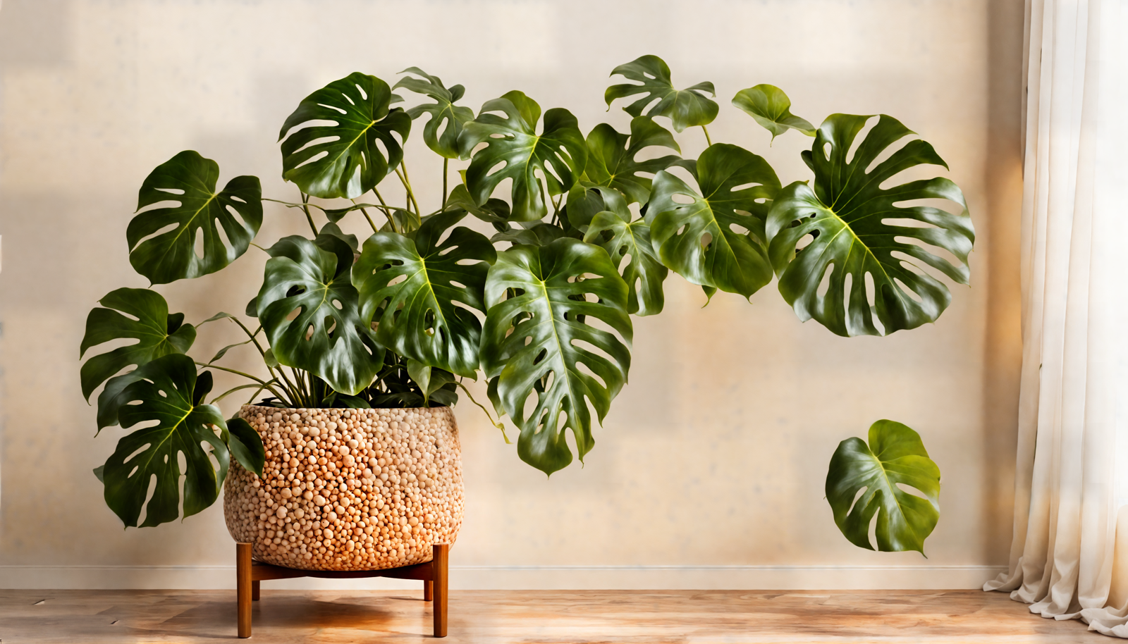Monstera deliciosa in a planter on a wood floor, with clear lighting and neutral decor.