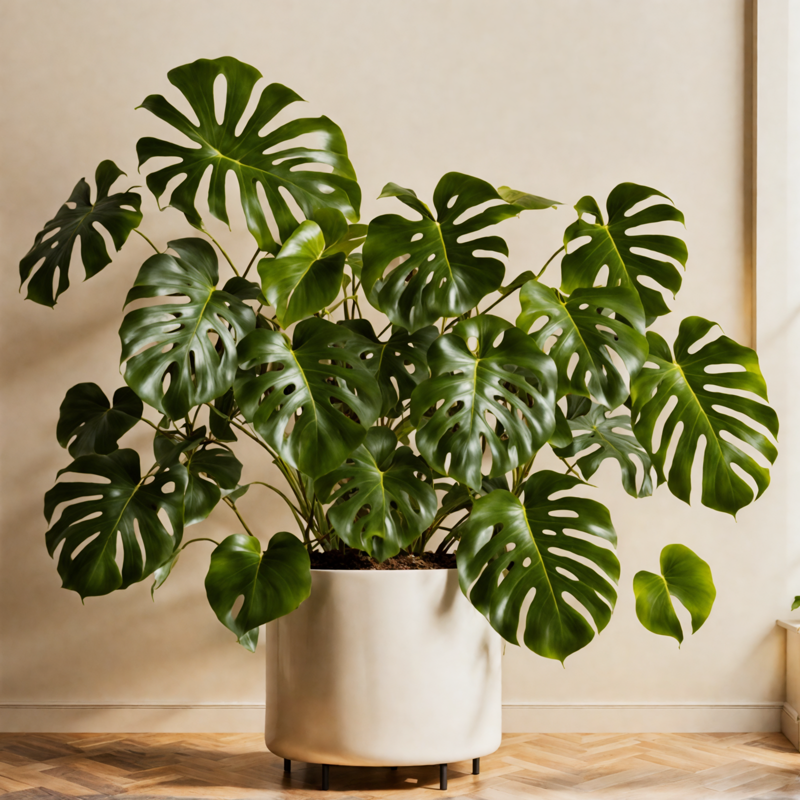 Monstera deliciosa in a white vase on a wood floor, with clear, neutral lighting.