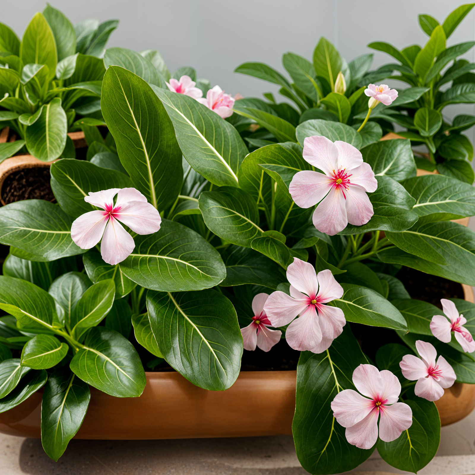 Catharanthus roseus plant with flower in a planter, under clear indoor lighting, dark background.