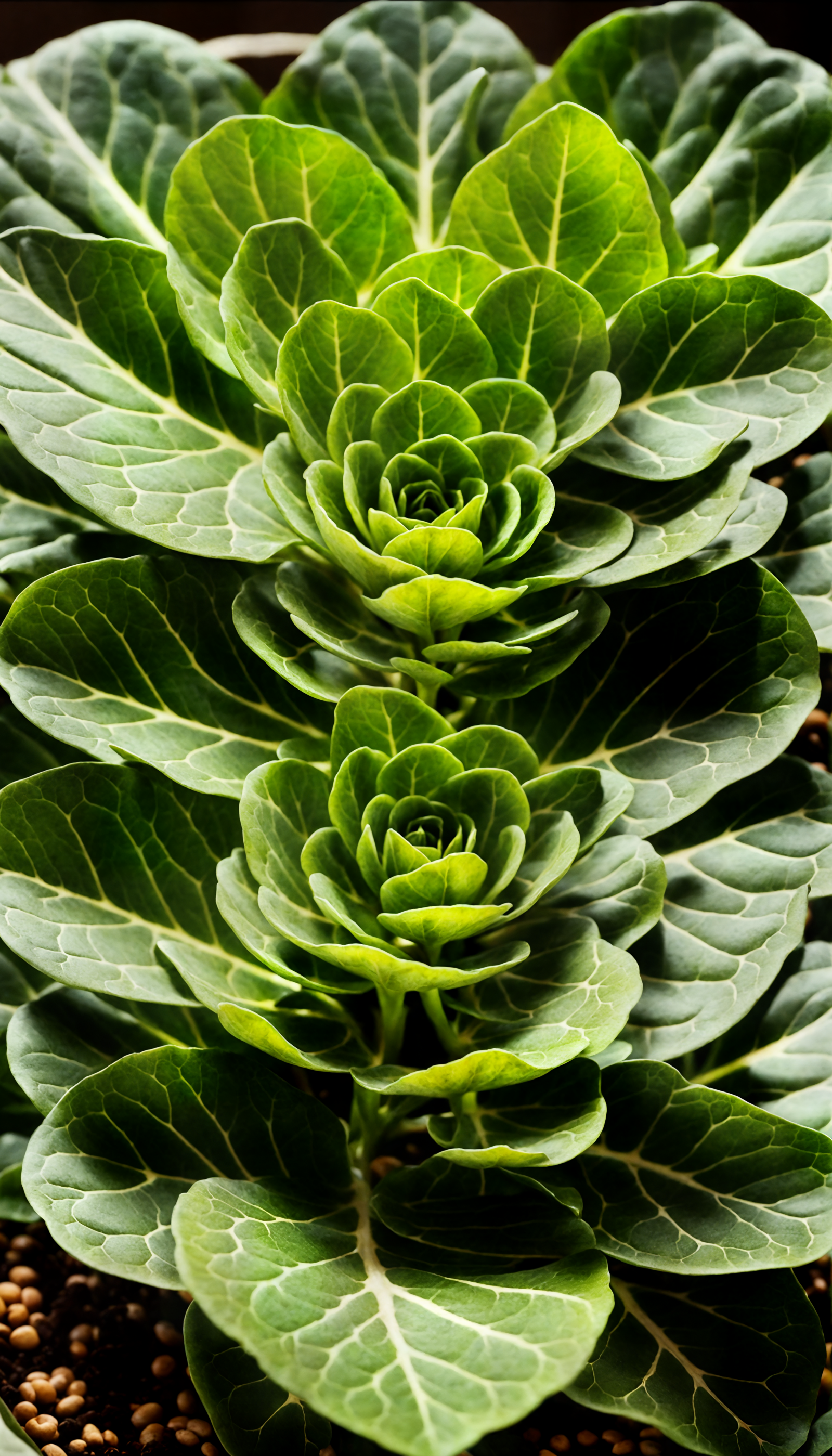Hyper-realistic Brassica oleracea with lush leaves in a planter, against a dark background.