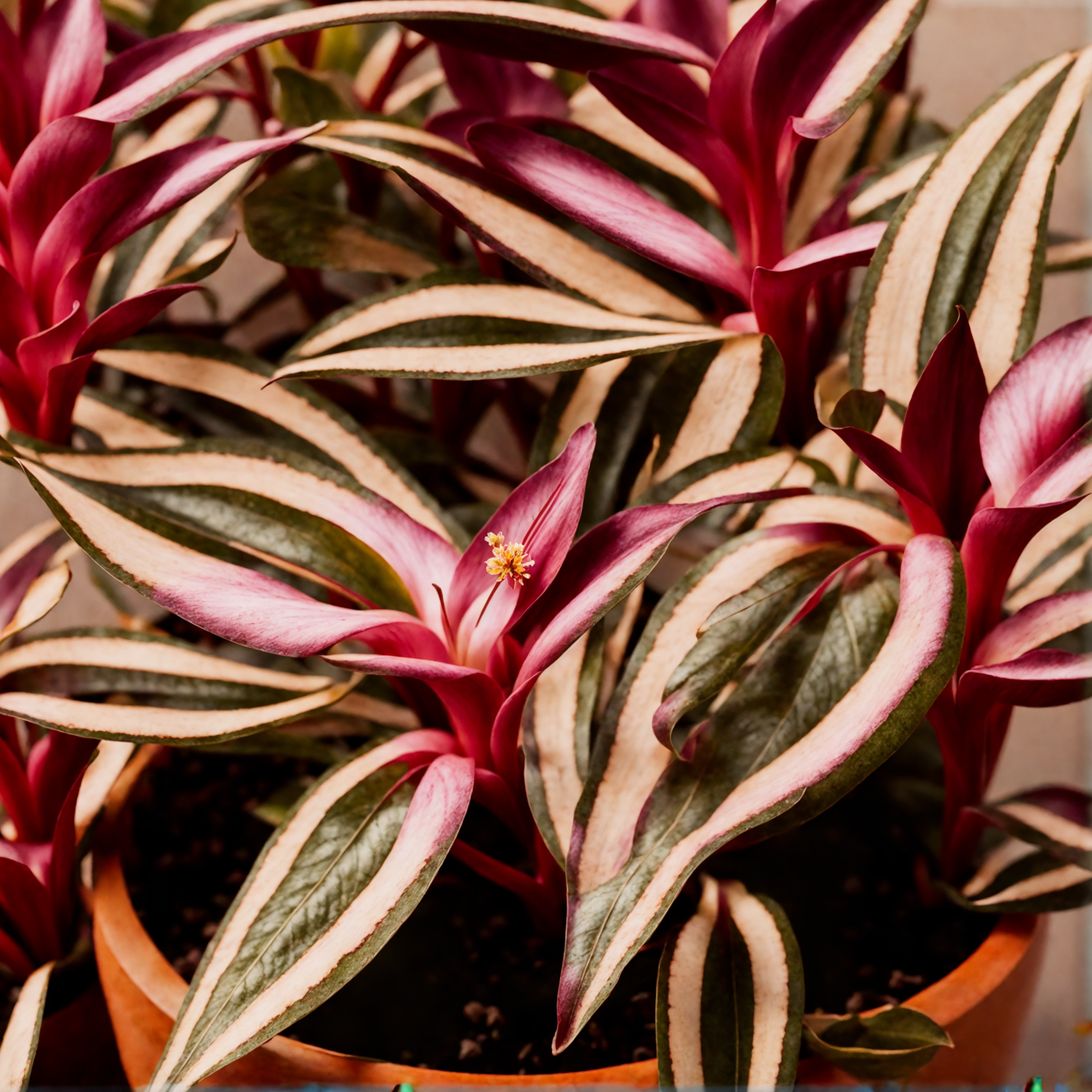 Pink Tradescantia zebrina flowers in a bowl, with striped leaves in soft indoor light.