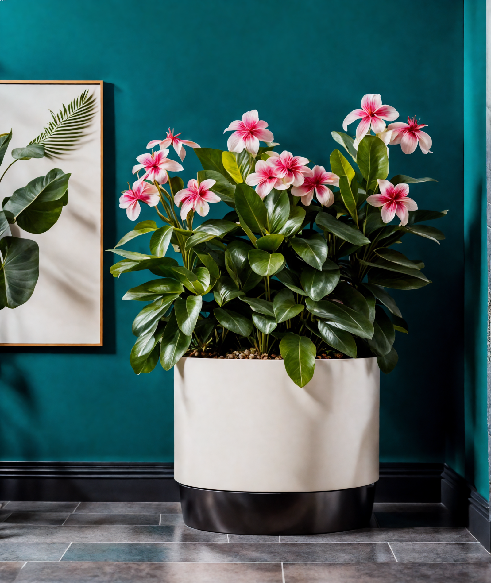 Two pink Catharanthus roseus flowers in a pot on a rich black wood floor, indoor setting.