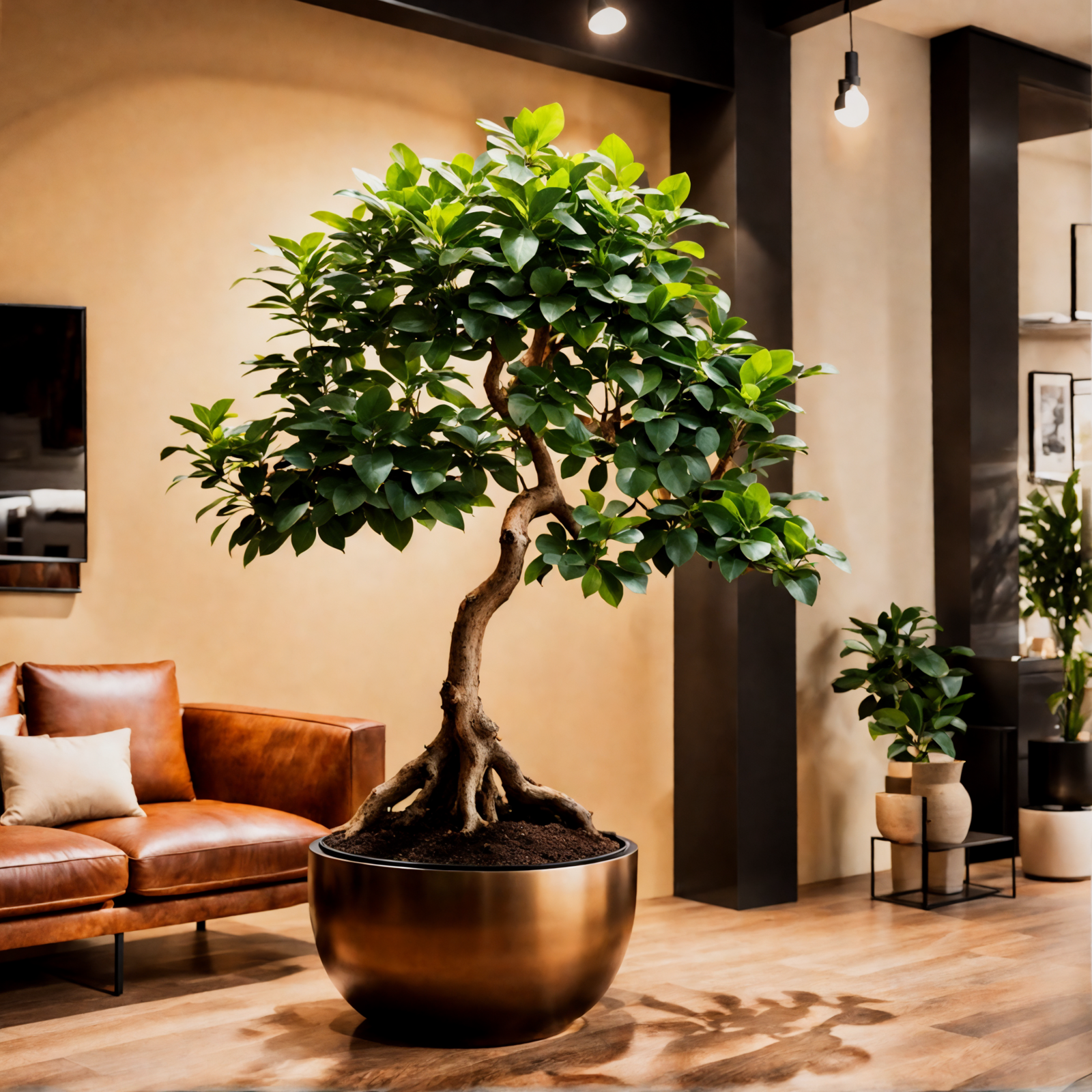 Ficus microcarpa in planter beside brown floor in modern, well-lit living room.