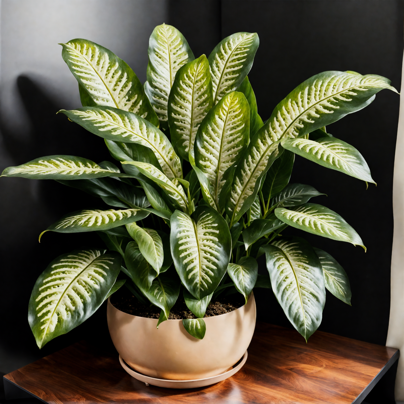 Dieffenbachia seguine in a bowl planter on a wooden table, with clear lighting and a dark background.