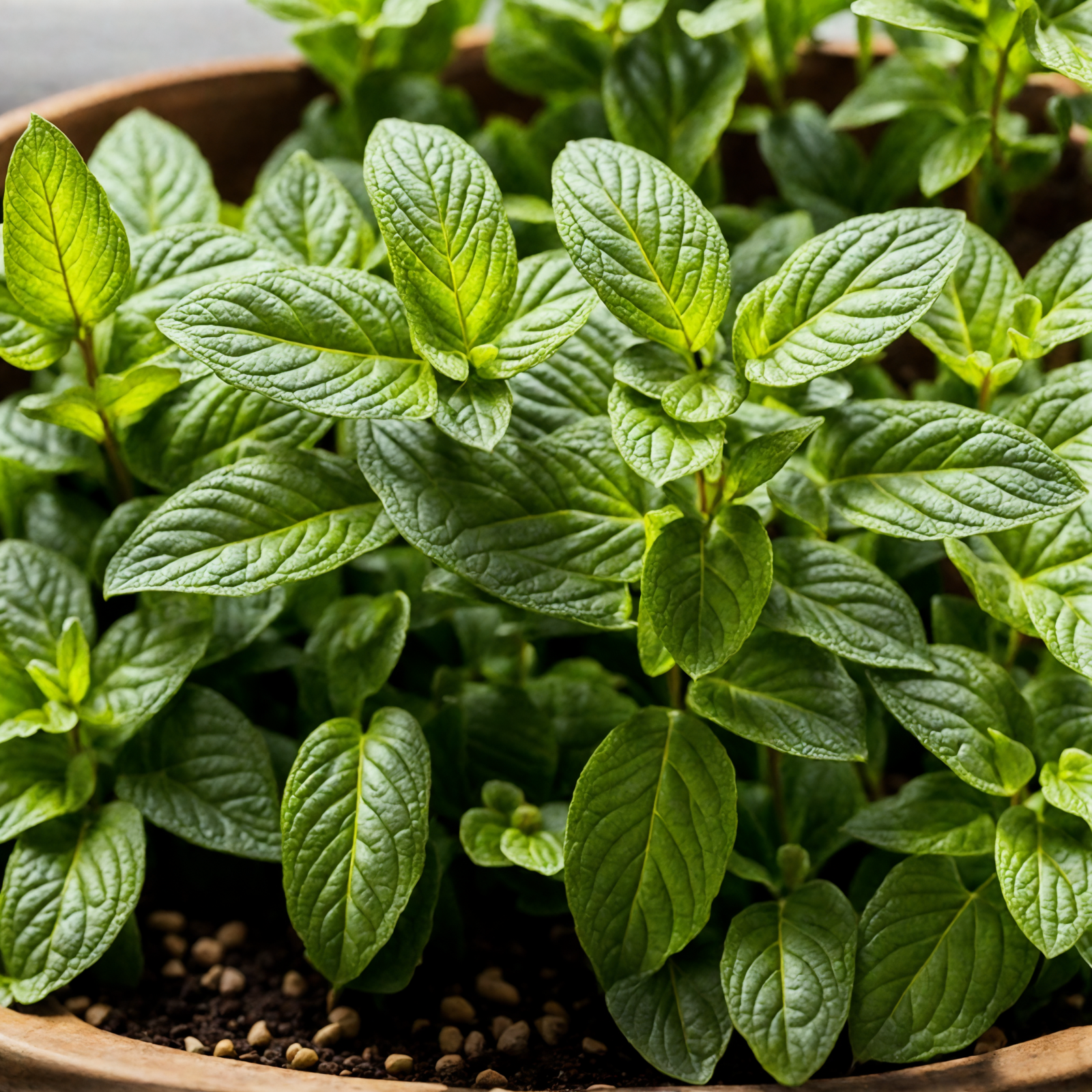 A realistic Mentha spicata (spearmint) in a bowl, with more plants in the background, clear lighting, dark backdrop.