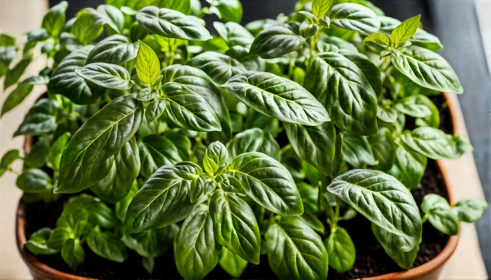 A hyper-realistic Ocimum basilicum (basil) plant in a bowl, with lush leaves, against a dark background.