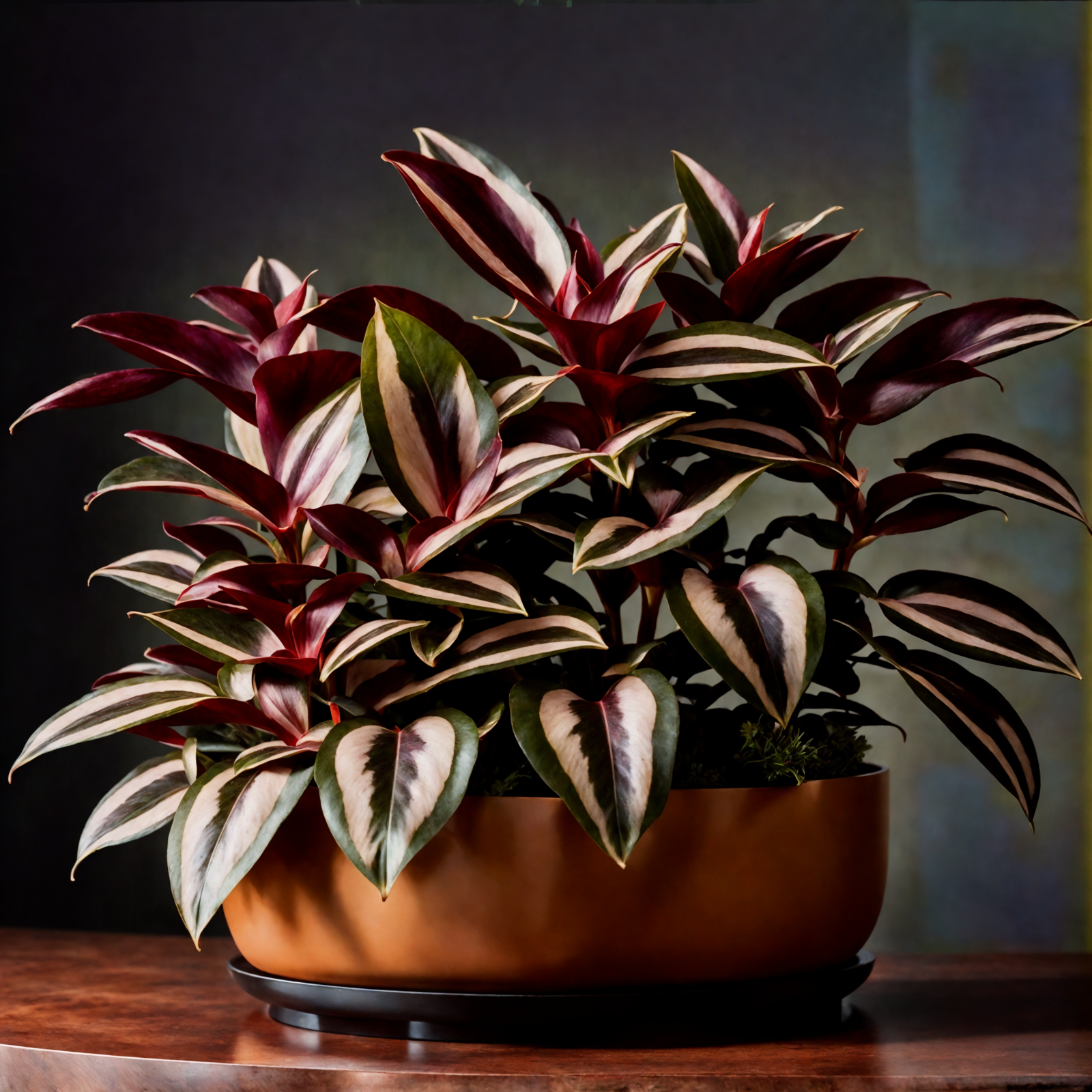 Tradescantia zebrina in a brown vase on a wooden table, with clear lighting and a dark background.