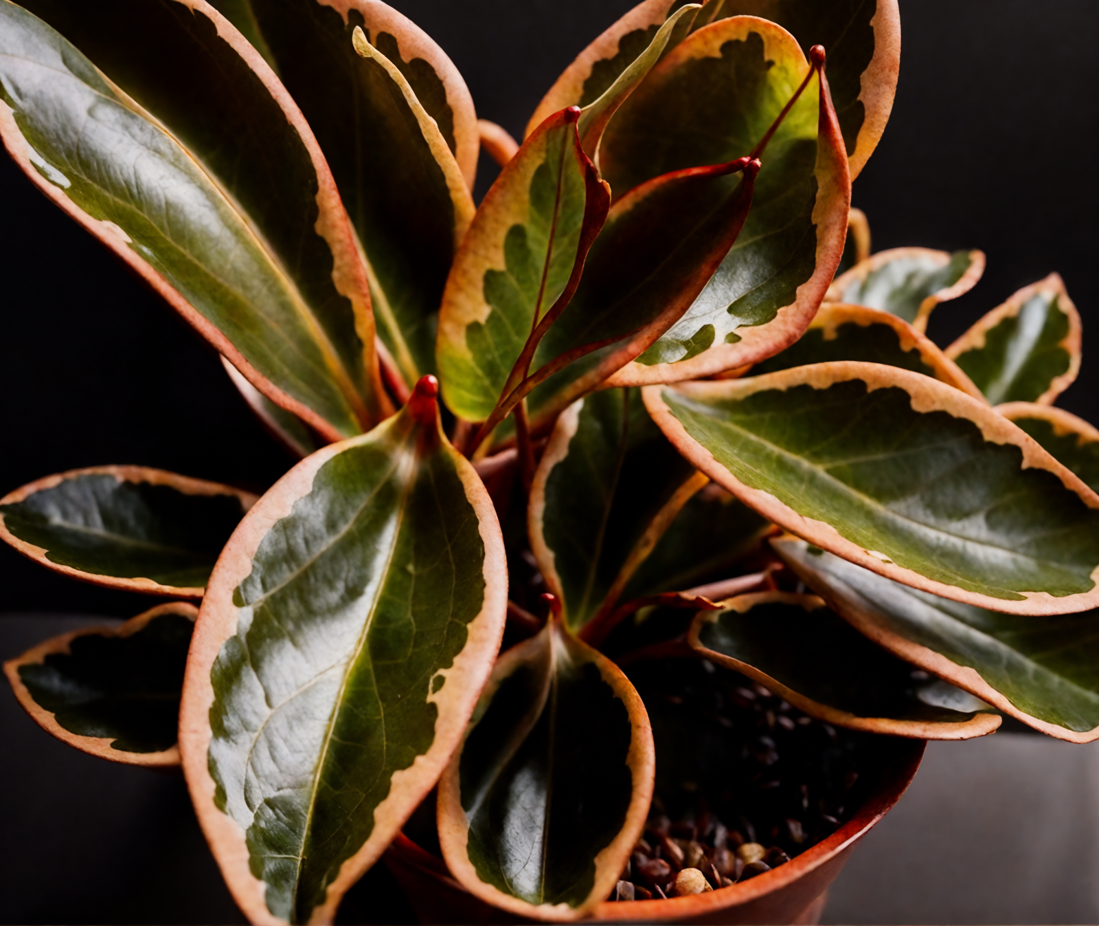 Peperomia clusiifolia with red leaves in a bowl planter, clear indoor lighting, against a dark background.