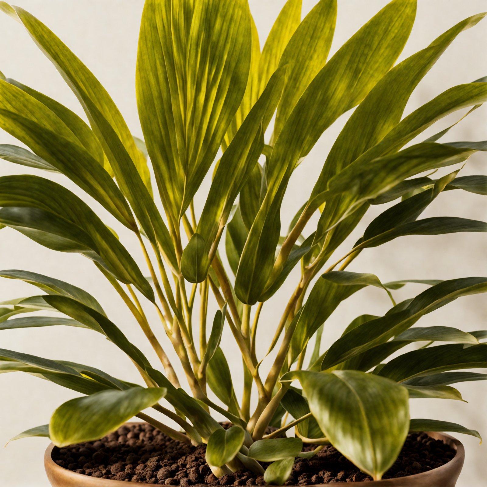Cordyline fruticosa in a planter, with broad leaves, indoors, clear lighting, and neutral decor.