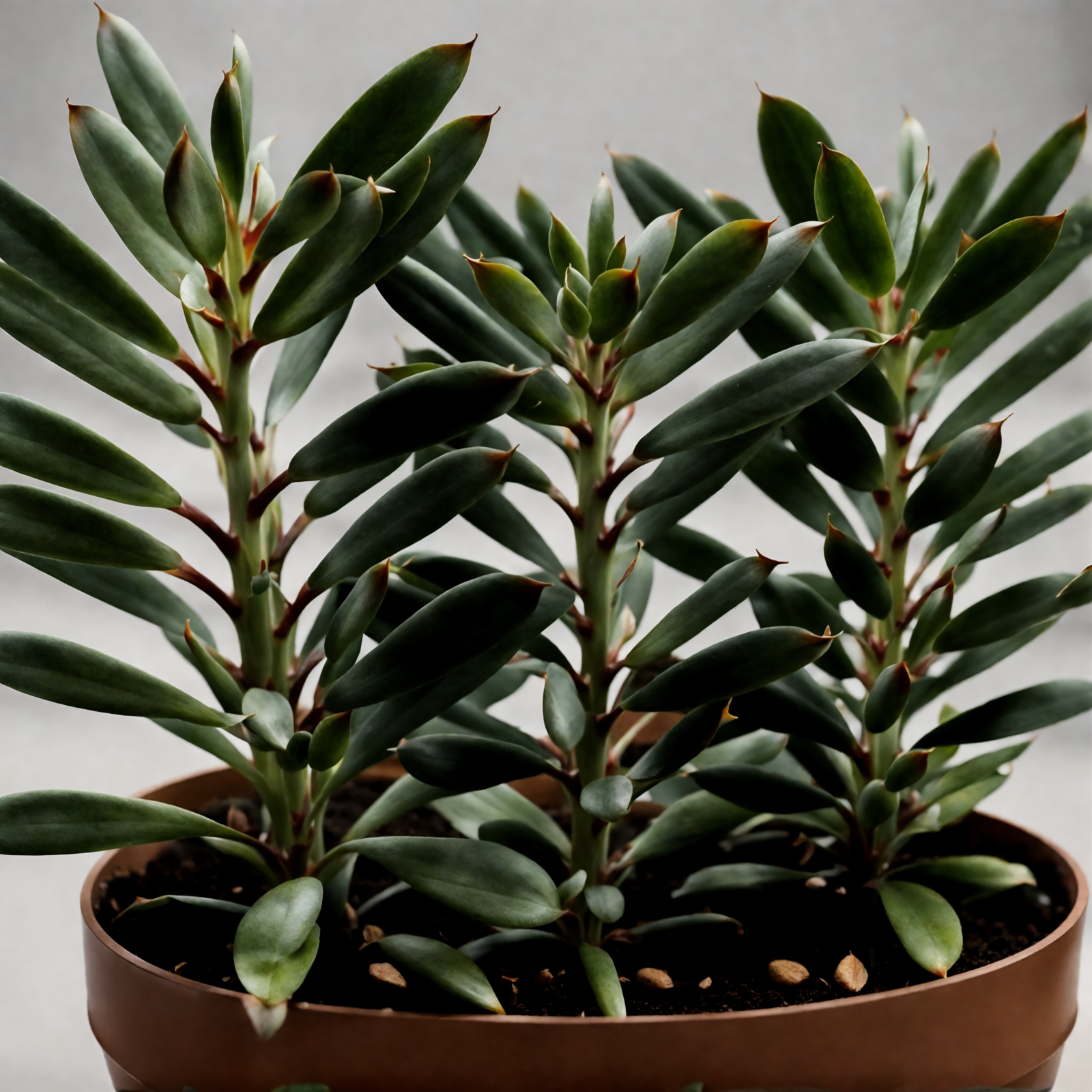 Senecio crassissimus in a planter, with thick, upright leaves, against a dark background in clear, neutral lighting.