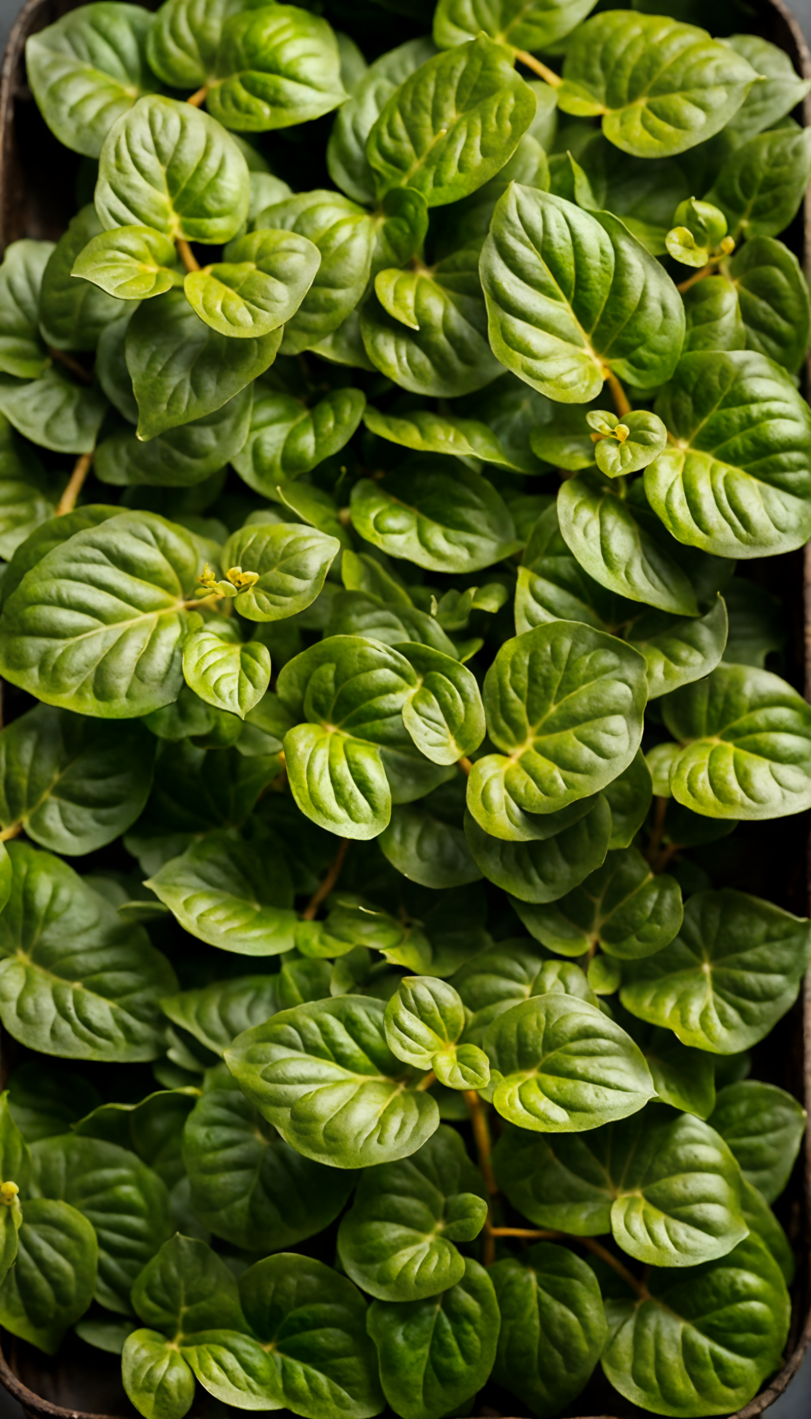 Lysimachia nummularia (Creeping Jenny) with vibrant green leaves in a bowl planter, clear lighting, dark background.