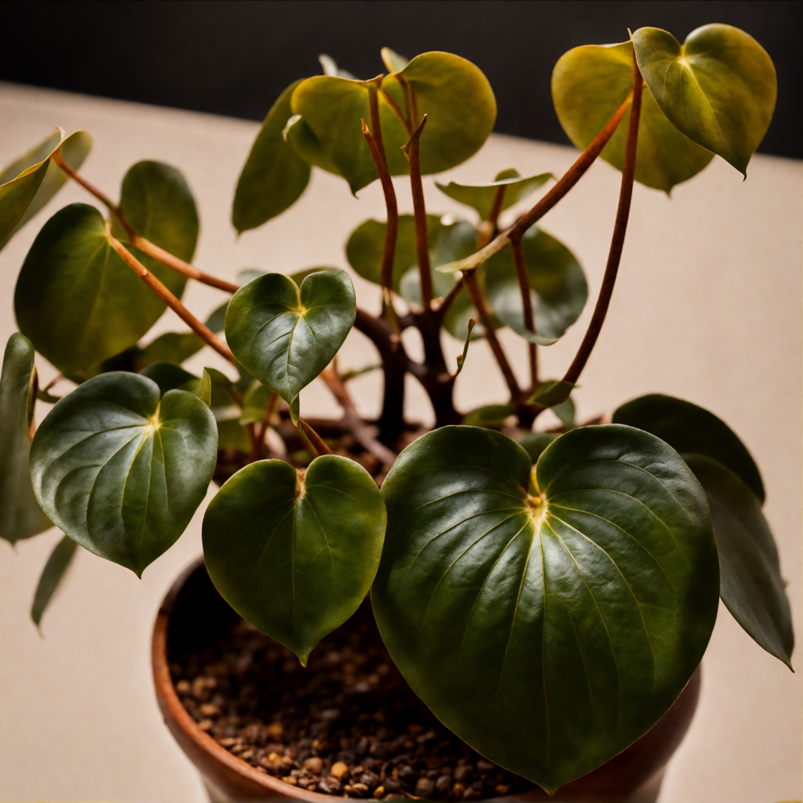 Peperomia polybotrya with heart-shaped leaves in a bowl planter, clear indoor lighting, dark background.