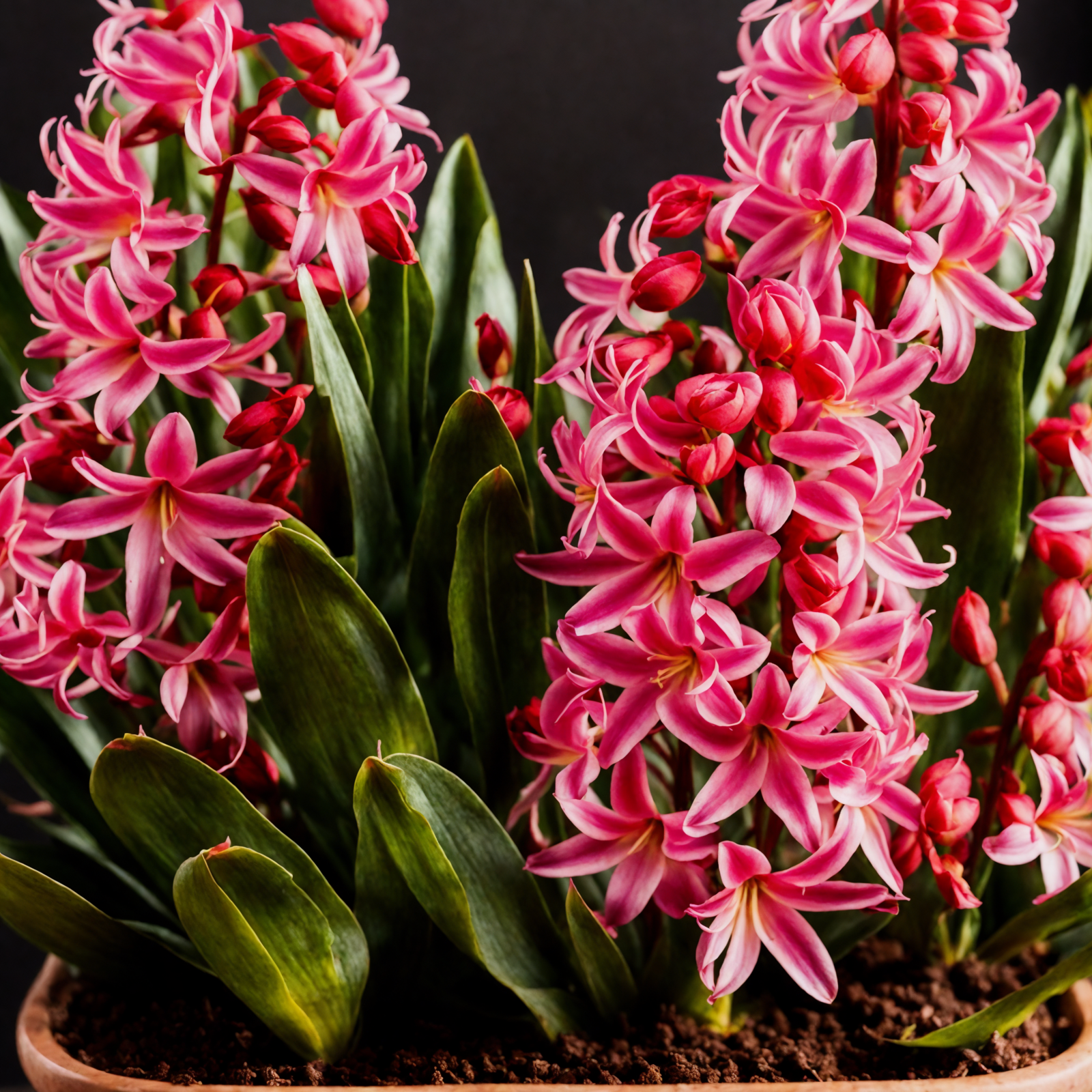 Cluster of pink Hyacinthus orientalis flowers in a planter with clear lighting and a dark background.