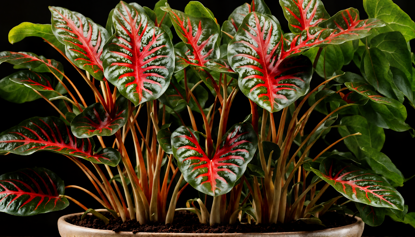 Vibrant red Caladium bicolor leaves in a bowl planter, with clear lighting against a dark background.