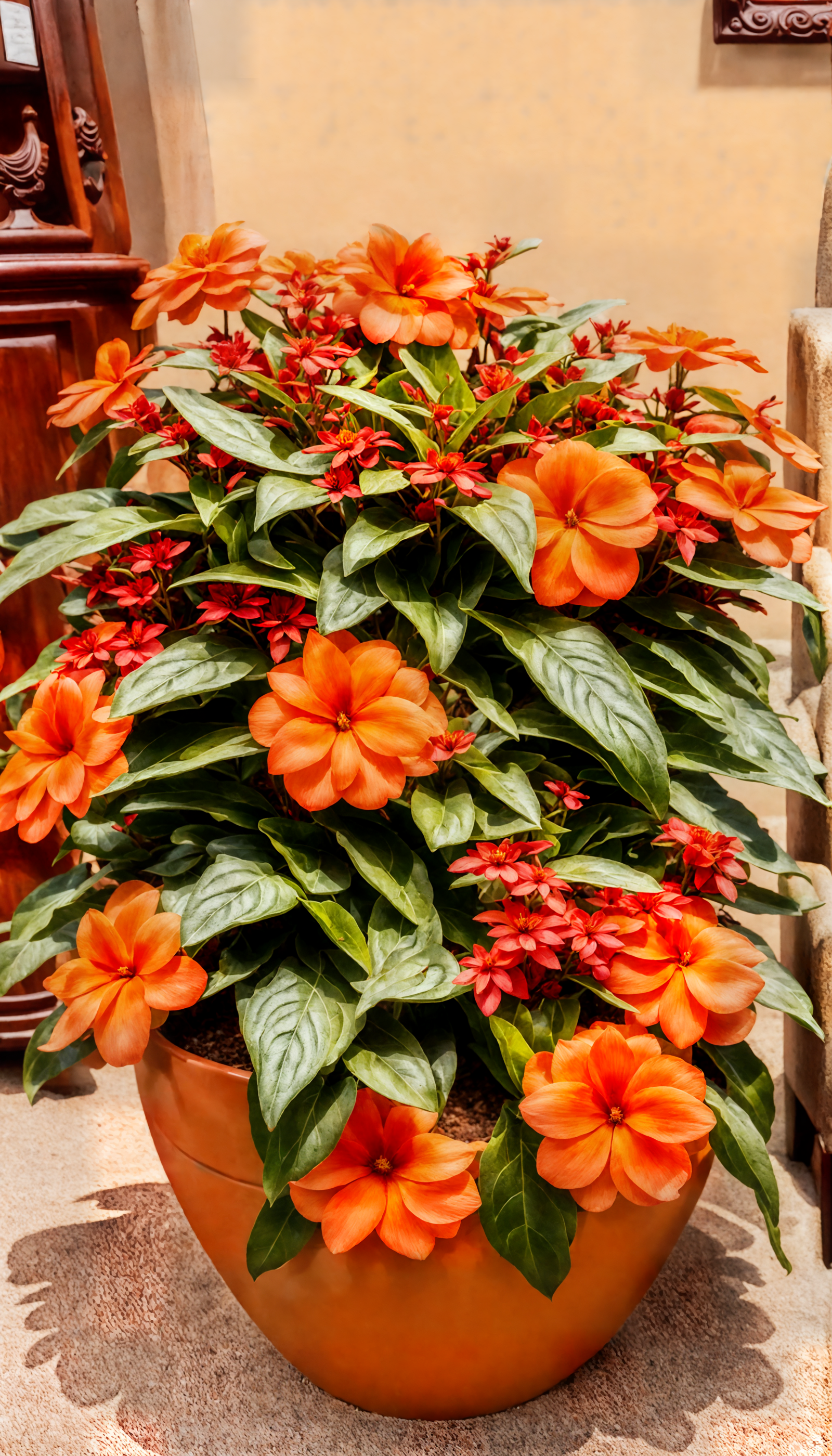 Impatiens hawkeri with vibrant orange flowers in a rustic bowl on a table, indoor setting.