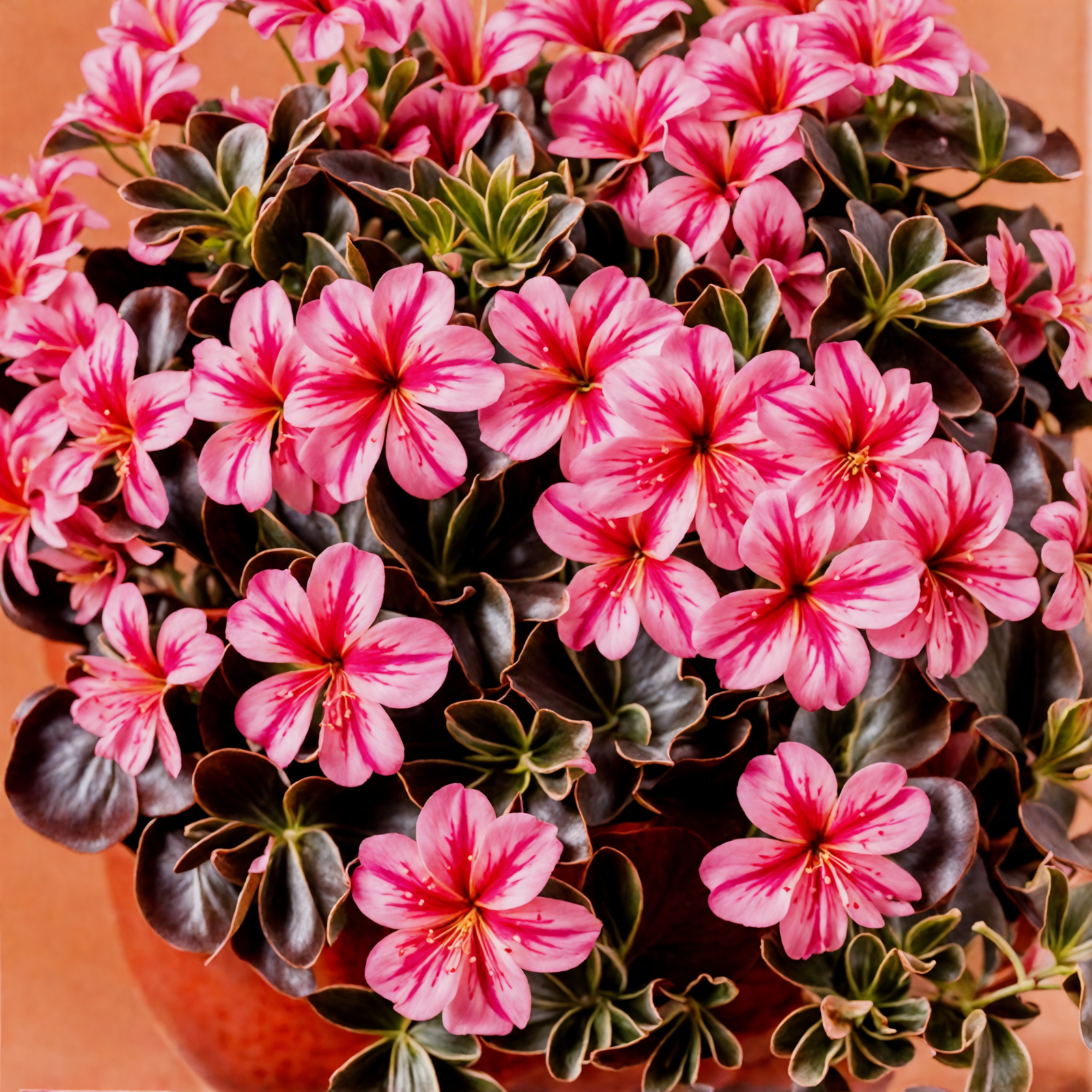Cluster of vibrant pink Pelargonium peltatum flowers in a planter, with clear lighting and a dark background.