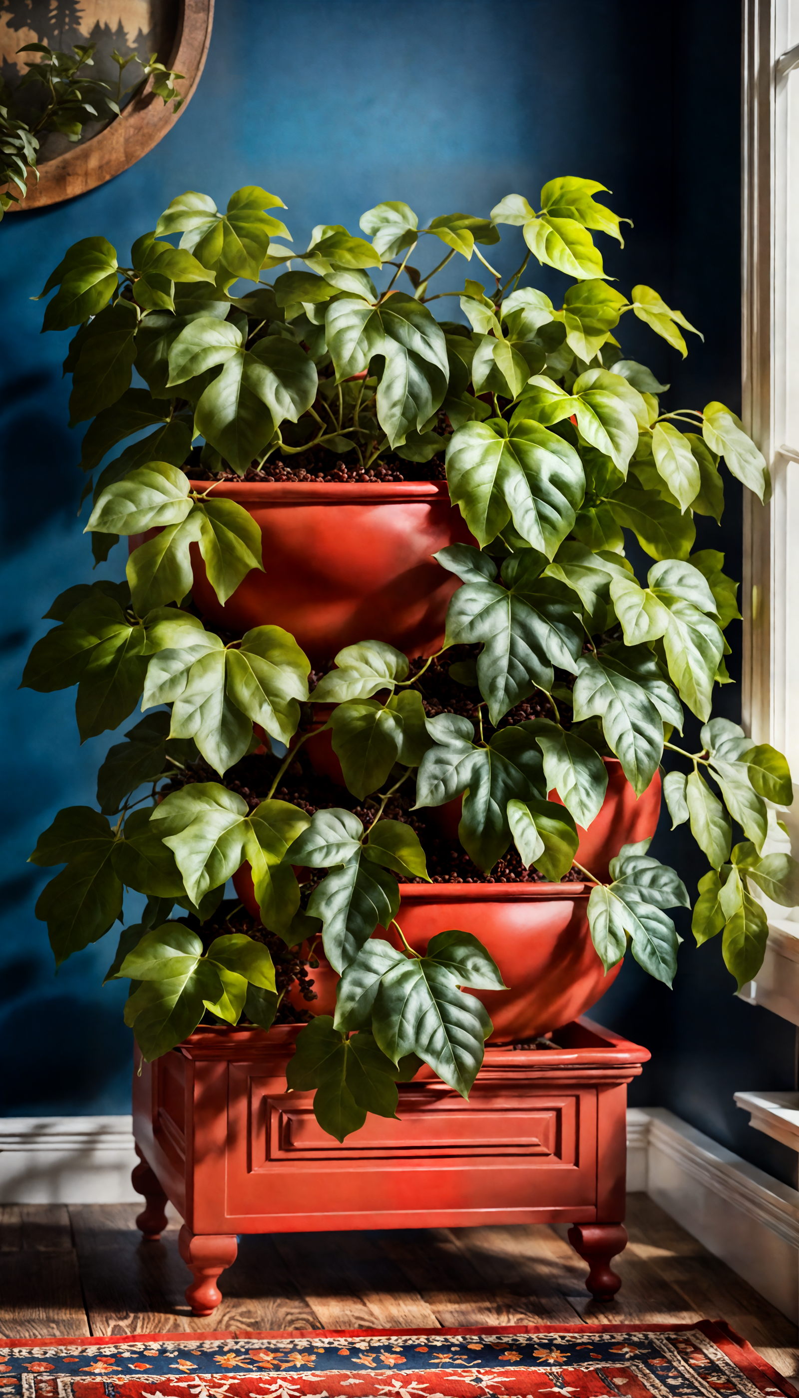 Cissus alata plant in a planter beside a red chair, near a window with clear lighting.