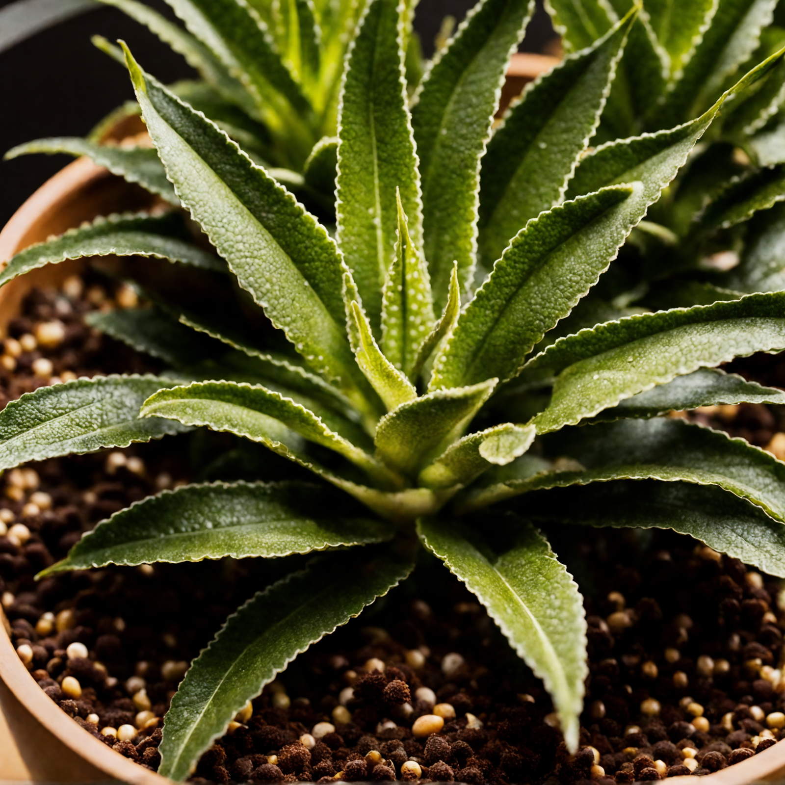 Haworthiopsis attenuata, a succulent with pointed leaves, in a bowl planter against a dark background.
