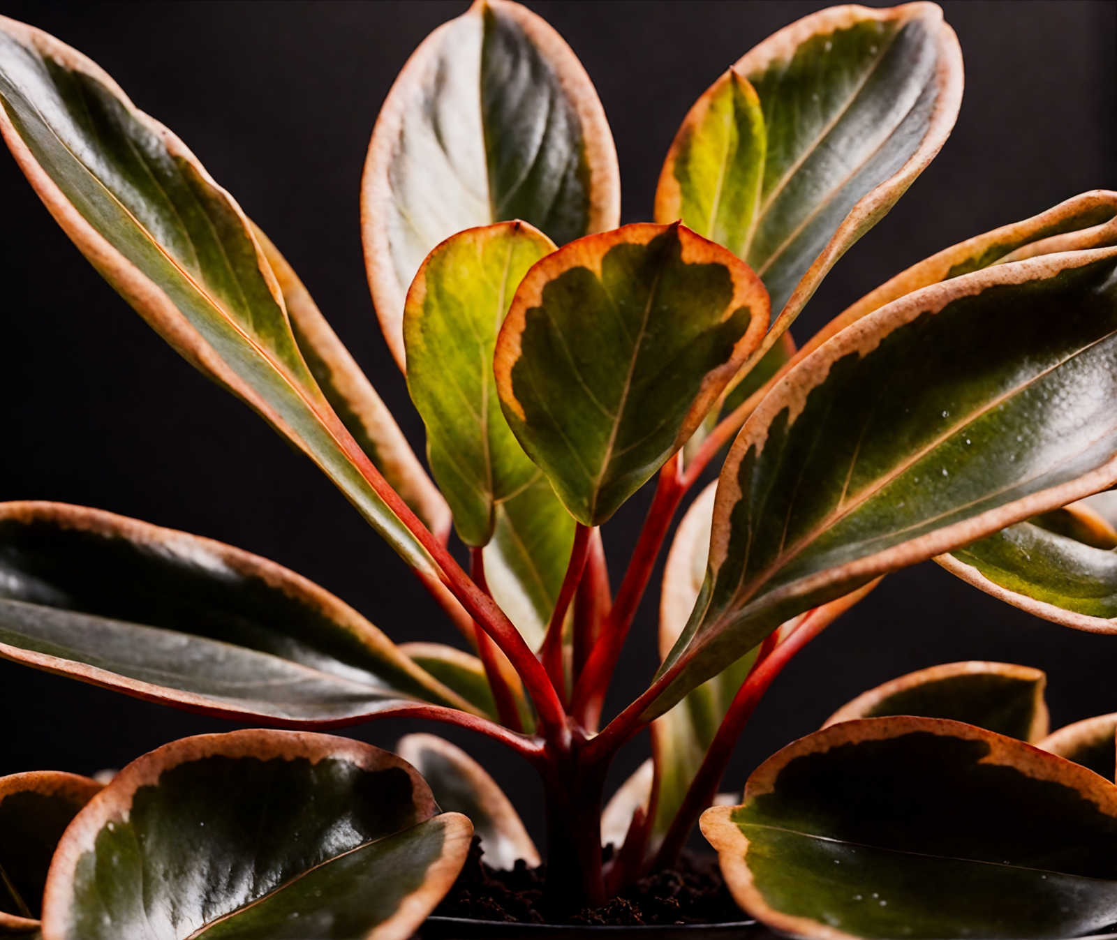 Peperomia clusiifolia with vibrant red leaves in a planter, clear indoor lighting, against a dark background.
