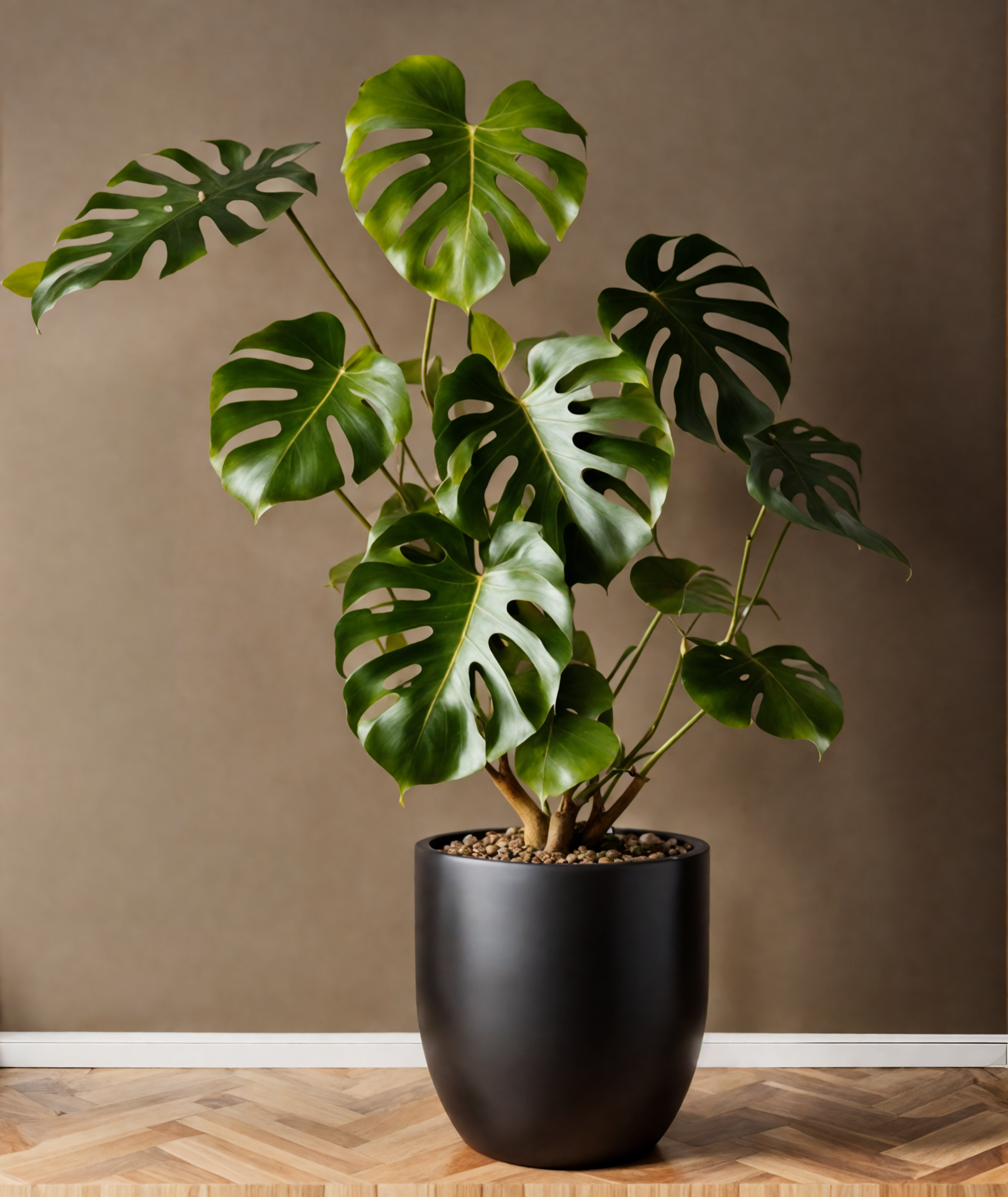 Monstera deliciosa plant with detailed leaves in a planter, set against a dark background indoors.